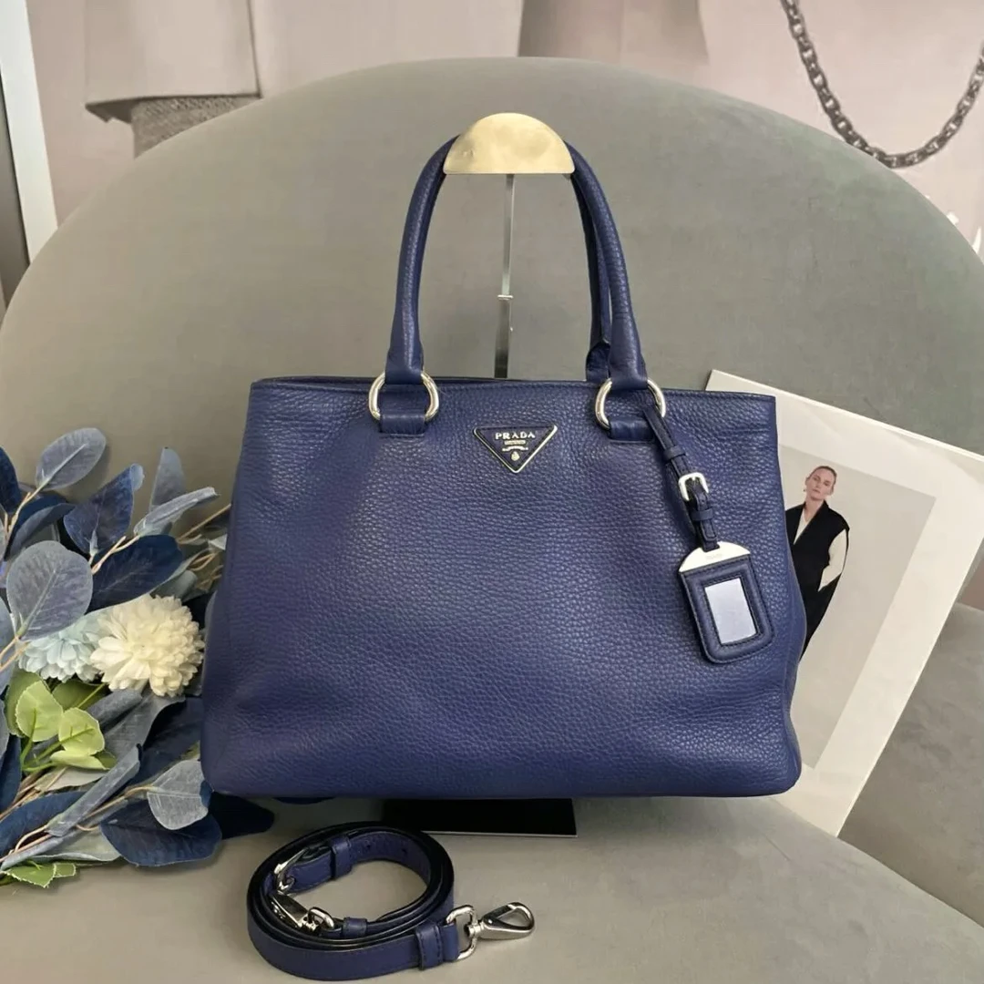 95新 Prada/普拉达 XM/蓝银气质荔枝纹手提杀手斜挎包/EE09117213