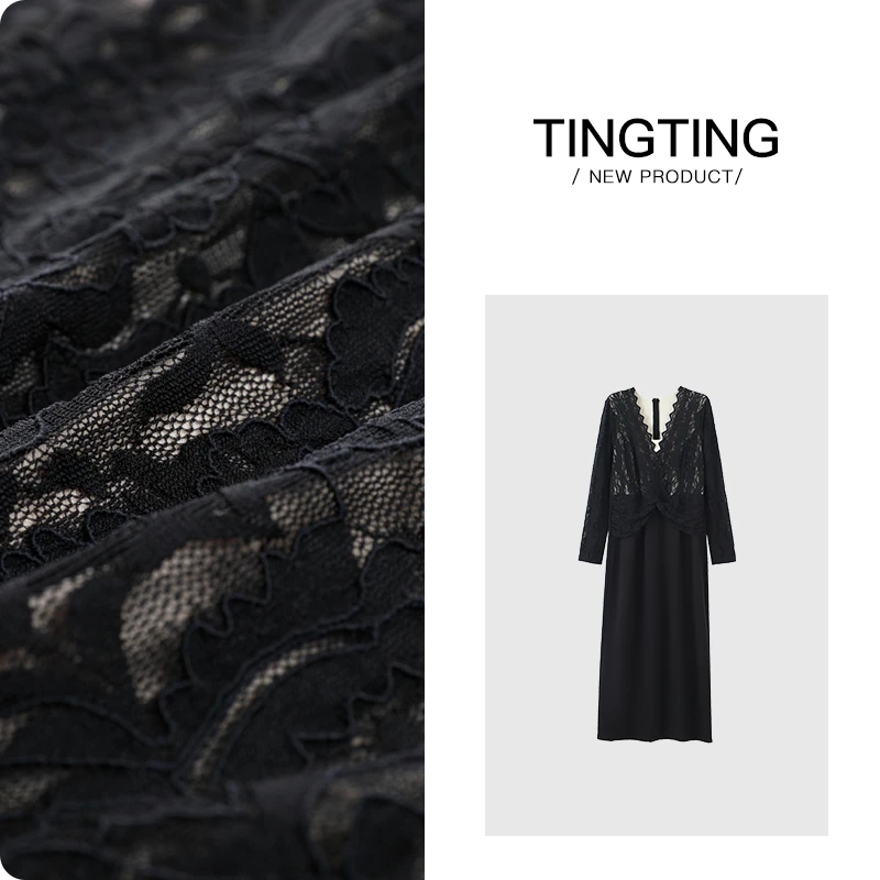 PANG TINGTING“蕾丝1号”显瘦气质长袖时尚黑色法式连衣裙