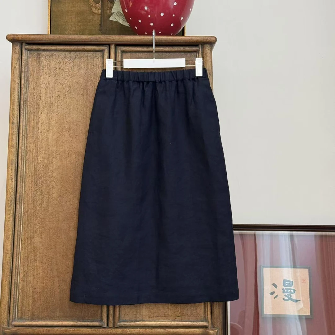 MYL 2025春夏新品亚麻藏青色休闲直筒半身裙百搭纯色显瘦宽松半裙