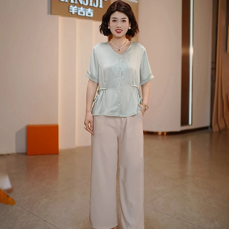 妈妈夏装上衣T恤上衣中年女装高贵夏季宽松阔腿裤上衣两件套