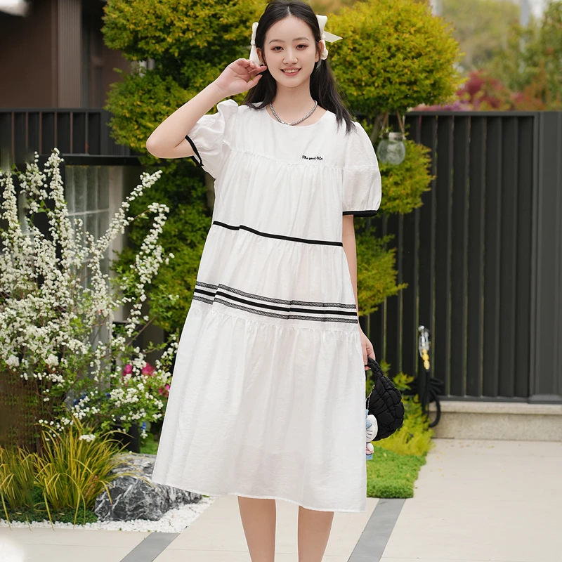 【78.1%天丝】初高中女大童学生装休闲学院宽松条纹中长连衣裙85281