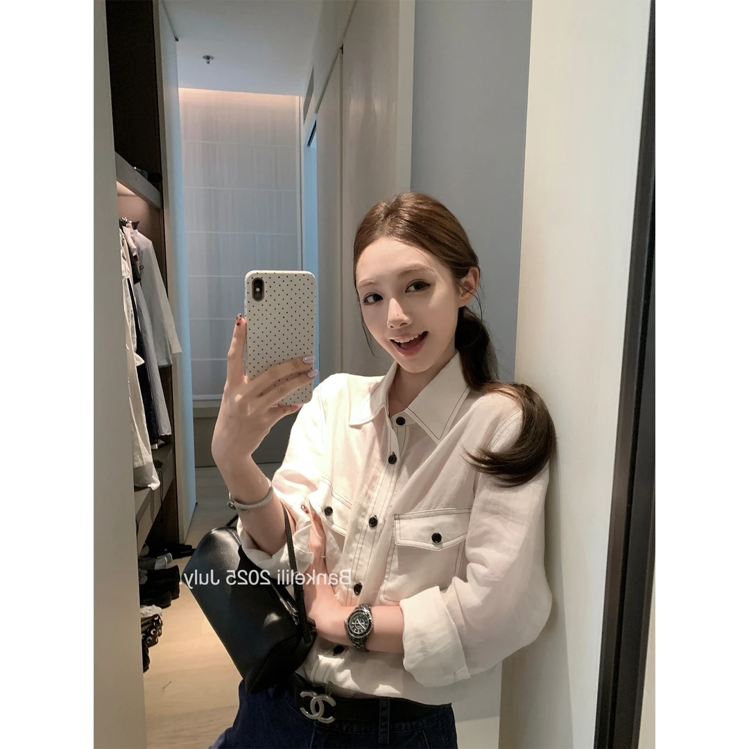 明线翻领长袖衬衫女夏秋2025新款宽松双口袋设计感百搭休闲上衣