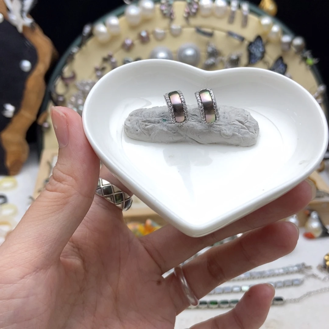 画框海水珍珠银S925镶嵌孔雀绿耳扣