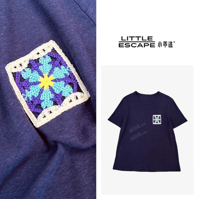 圆领蓝色T恤 罗马图案刺绣双色杏色T恤 S25308