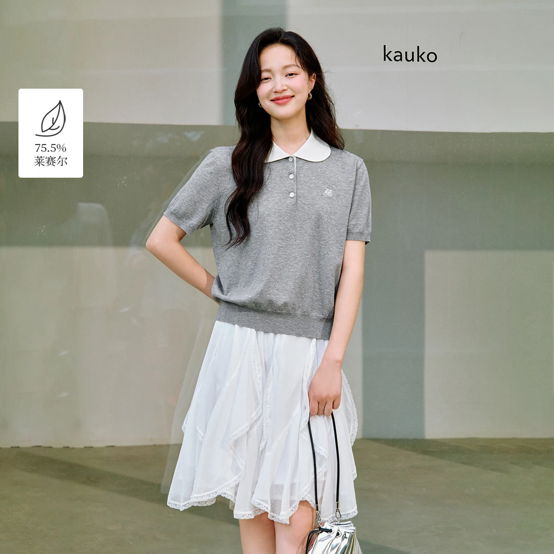 莱赛尔娃娃领刺绣针织衫2025夏季女装新款显瘦通勤短袖上衣