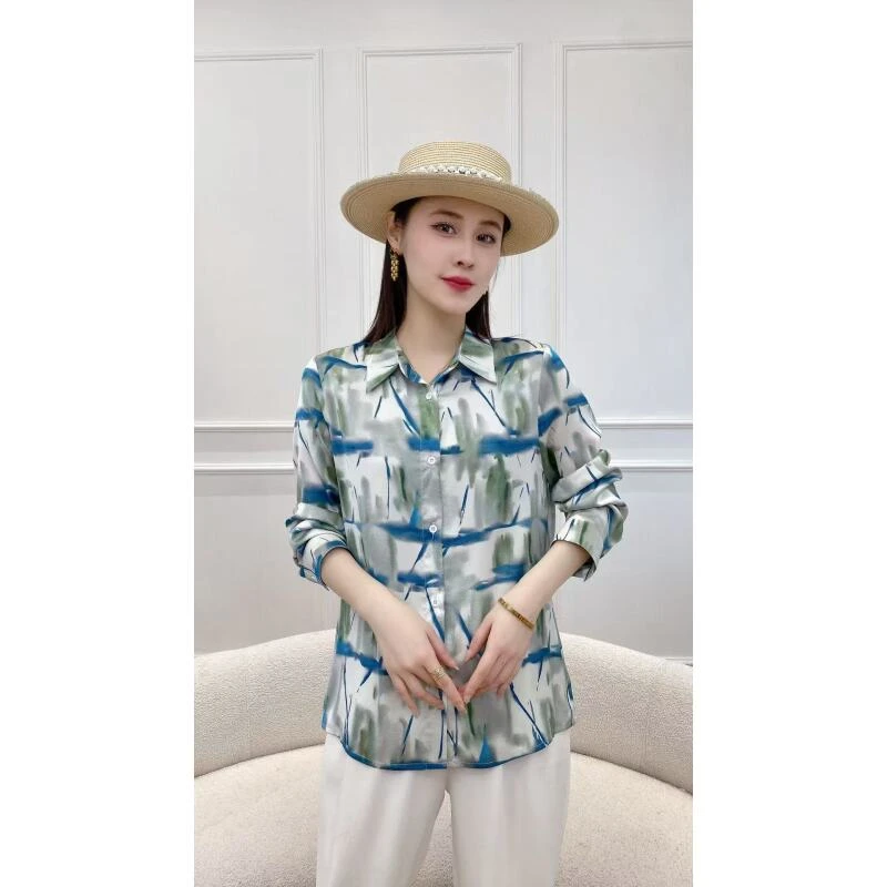 婷婷专享新款复古港味扎染POLO领衬衫女宽松百搭真丝衬衣A6629-3