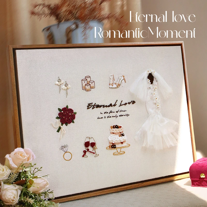 永恒的爱婚纱刺绣相框画手工diy材料包结婚送新娘布艺礼物