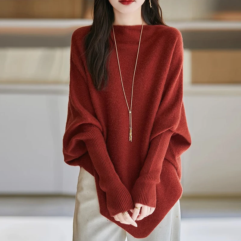 羊毛衫女一字领蝙蝠衫慵懒风秋冬外穿打底衫宽松大码羊绒针织毛衣