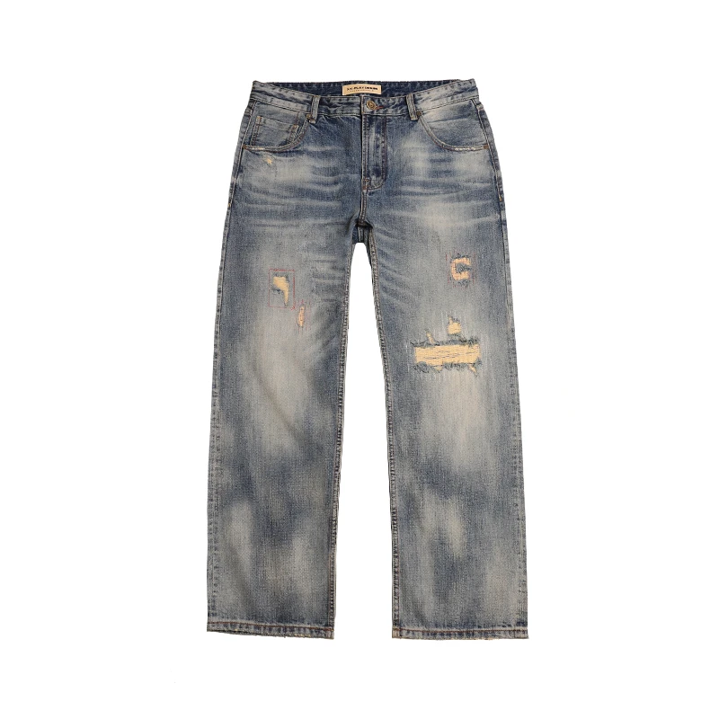 重工水洗扎染手工刺绣无弹力牛仔裤男女同款大码宽松休闲直筒裤