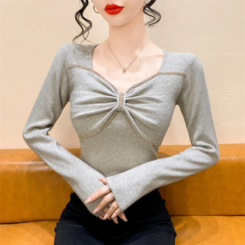 显瘦蝴蝶结甜美洋气长袖打底衫秋冬新款氛围感小众修身气质上衣