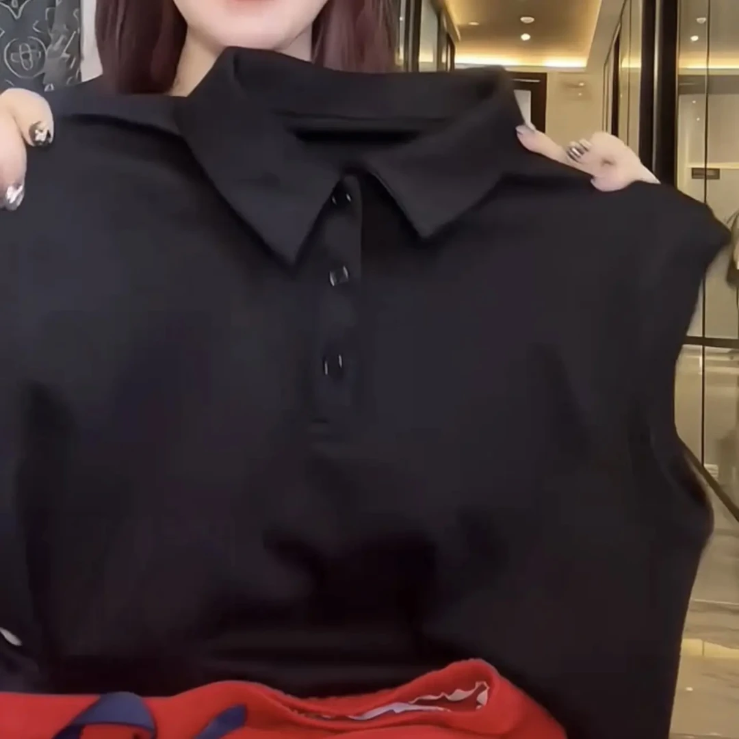 休闲风休闲翻领T恤女士纯色欧美风黑色简约半袖常规短袖背心5160
