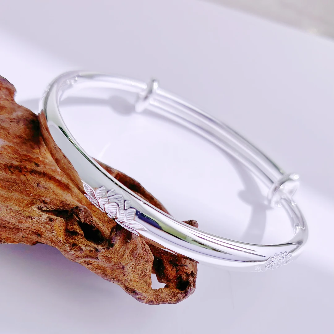 足银手镯 足银999 活口莲花手镯 光面经典百搭时尚好运连连手镯