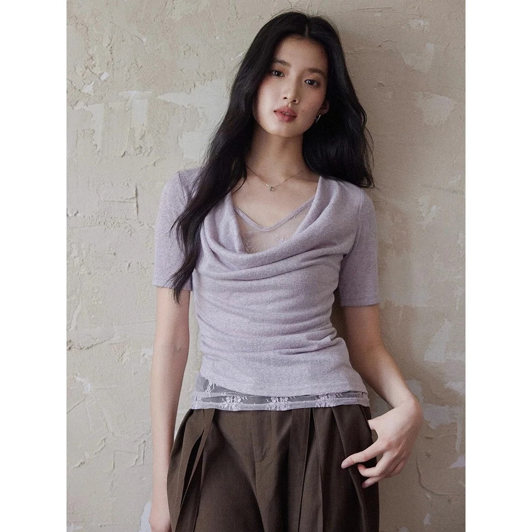 法式设计假两件荡领蕾丝薄款短袖上衣夏季紫色气质收腰打底T恤女