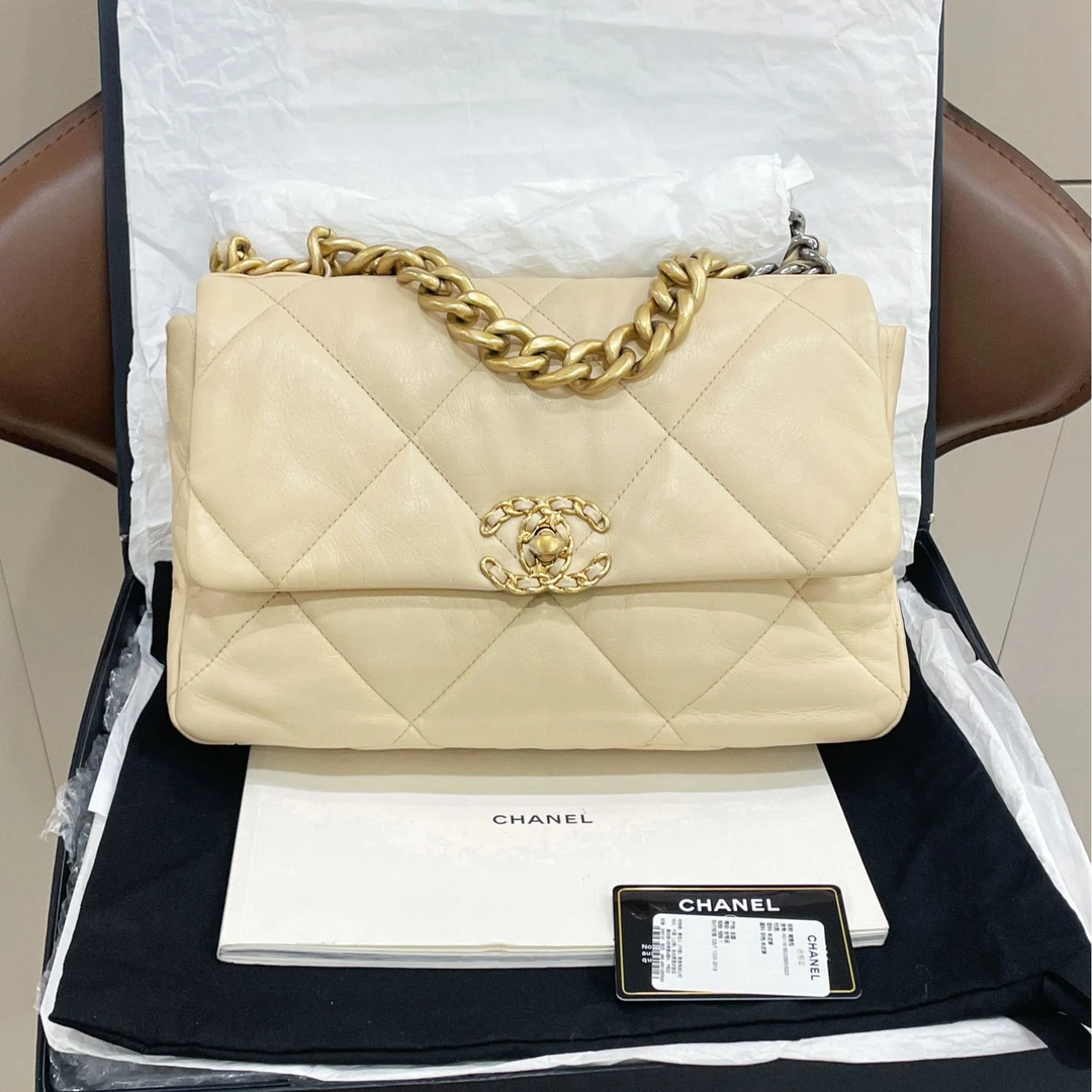 99新 Chanel/香奈儿 19bag 奶茶金 中号链条包
