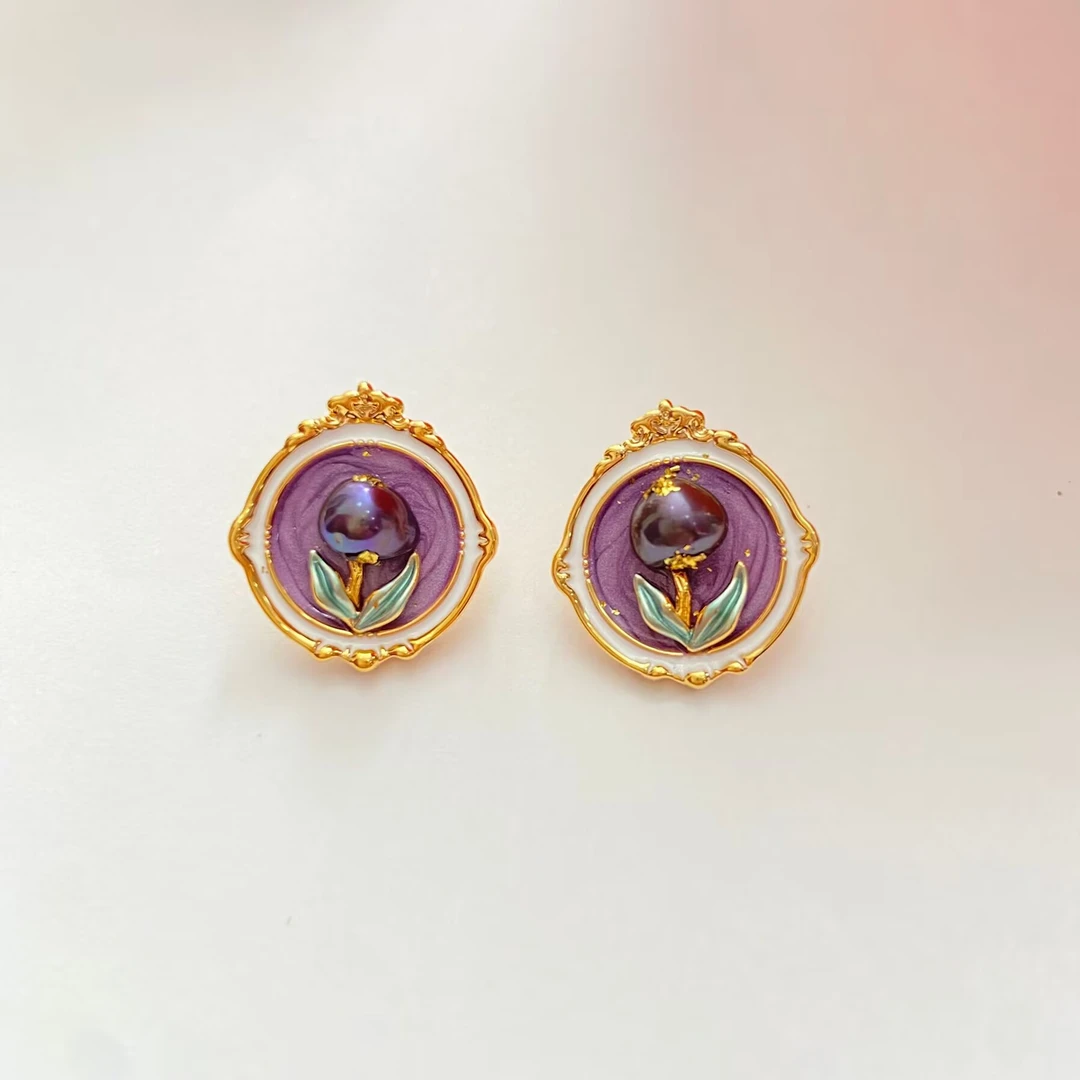铜合金耳饰 《货号7889》曼塔玫瑰紫油画花朵耳钉