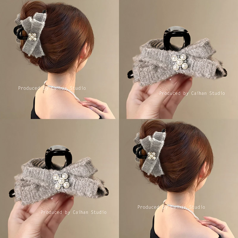 雾川情书~秋冬毛线蝴蝶结抓夹女高级感气质珍珠鲨鱼夹旅行发卡