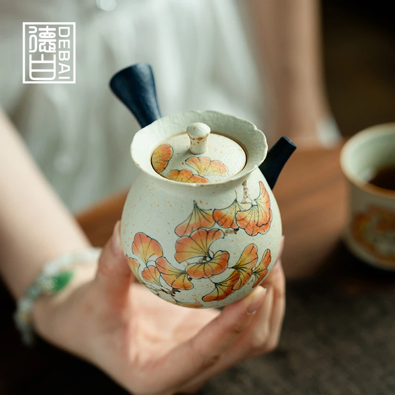 德白青花火石红泡茶壶纯手绘杏叶陶瓷侧把壶家用防烫冲茶器带过滤