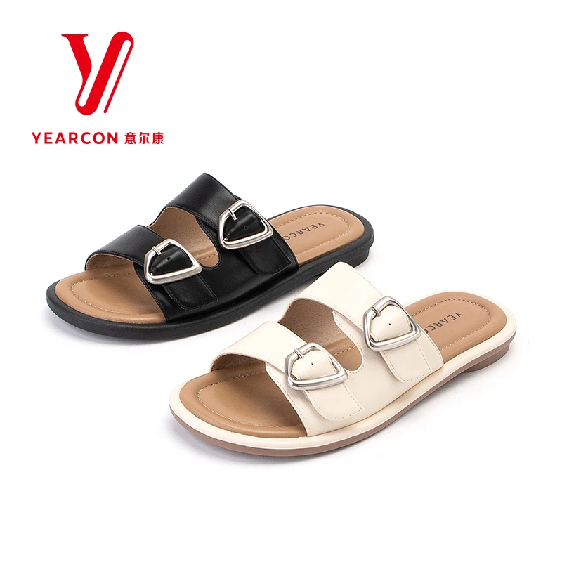 意尔康夏季新款女鞋全皮拖鞋网红凉拖鞋平底轻便一字拖10009U