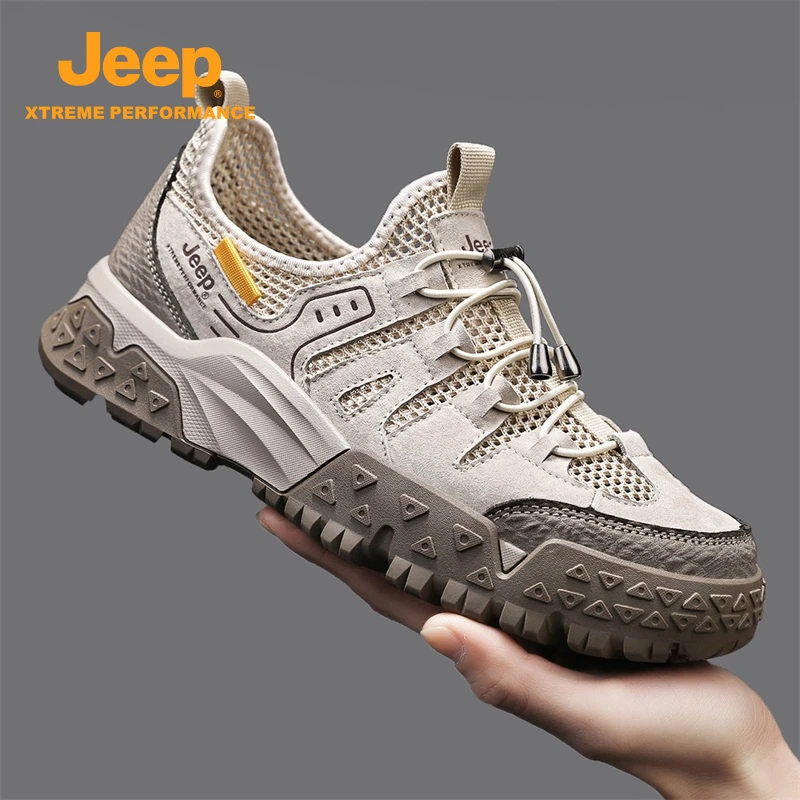 Jeep吉普工装登山鞋2025夏季新款户外徒步厚底防滑真皮透气网面鞋