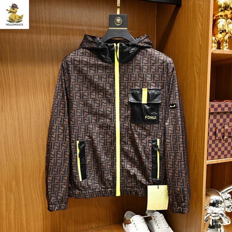 春秋季新款时尚字母花色夹克男装欧洲站潮牌修身青年轻奢连帽外套