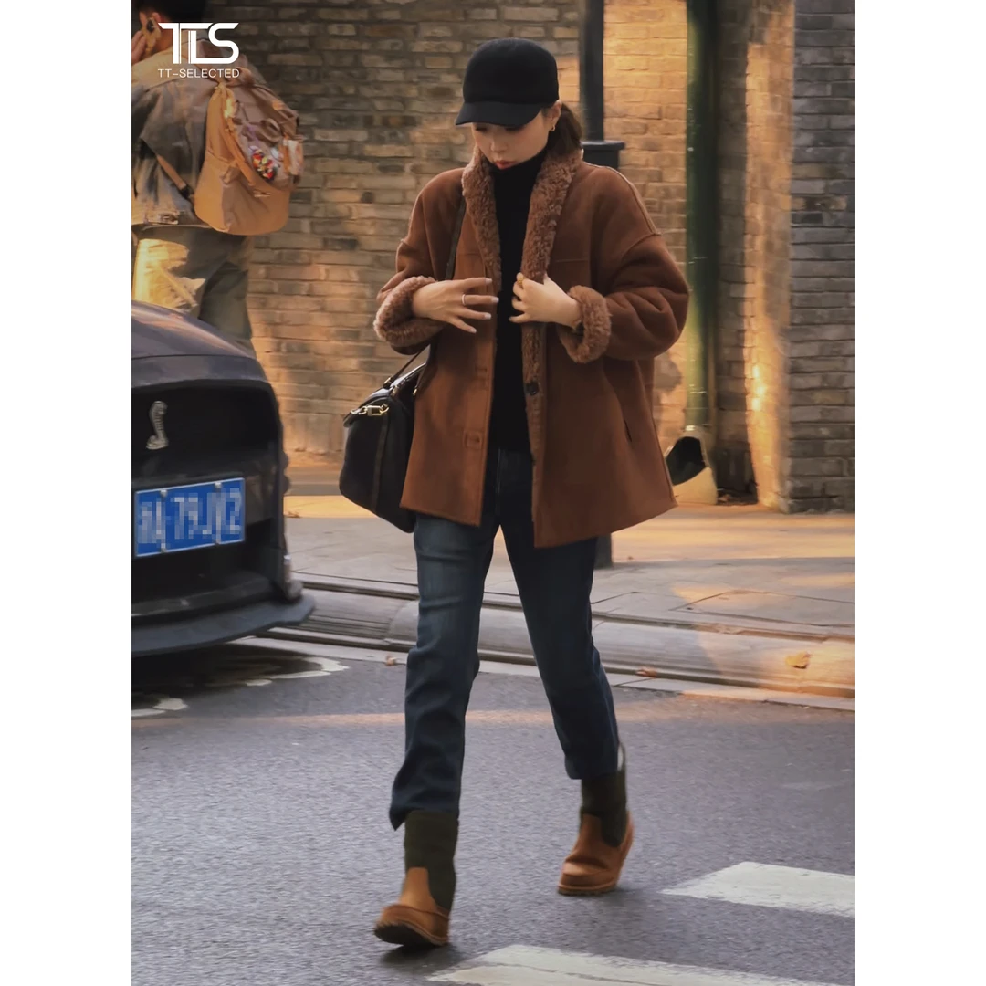 TT【摩洛哥】100%绵羊毛麂皮绒两穿复古宽松翻领皮草保暖外套PC5049