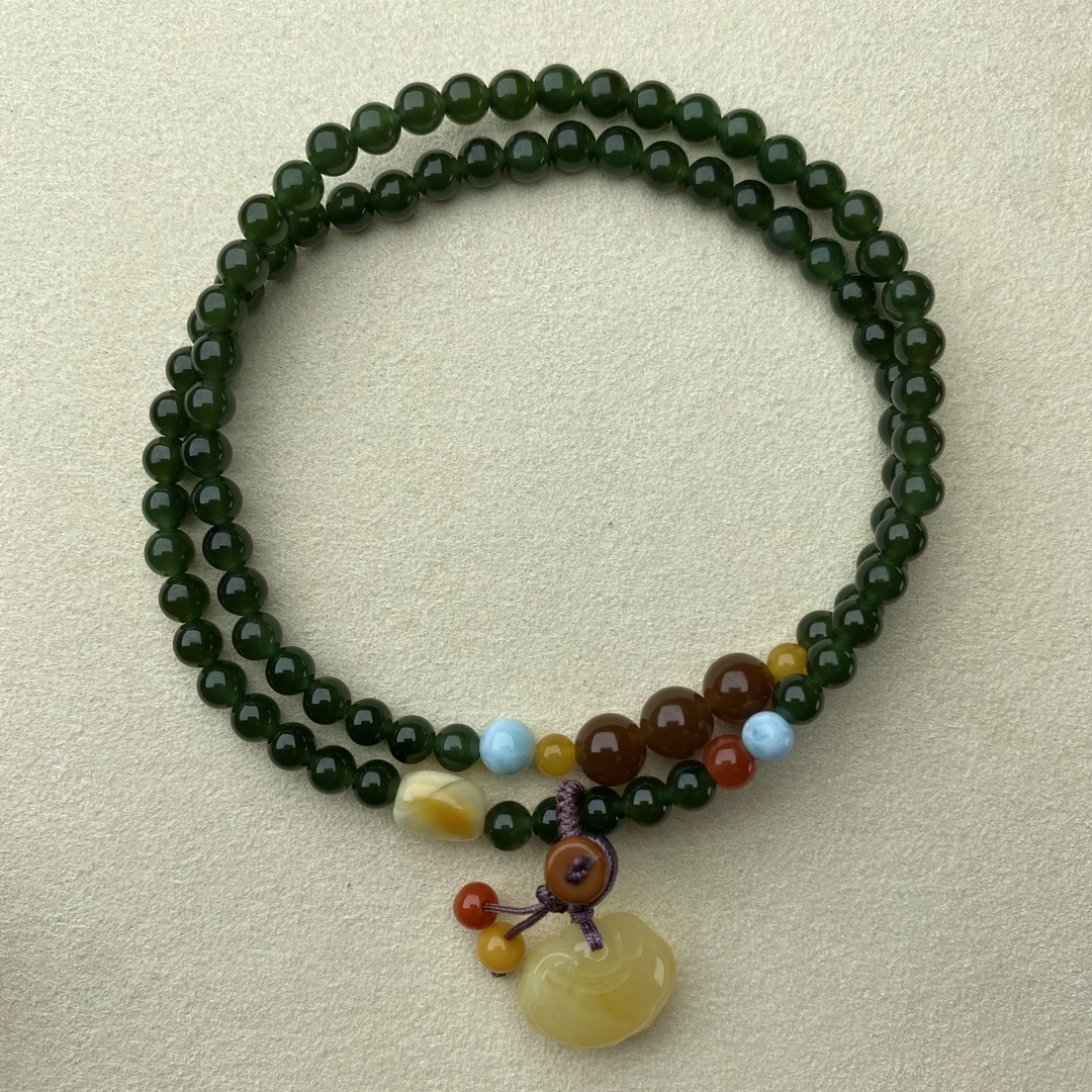 收藏品质和田玉碧玉浓菠菜绿双圈手链T042D