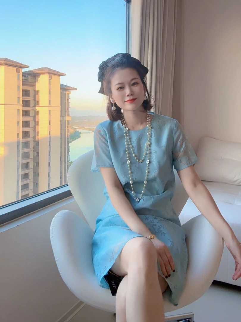 夏季镂空中长裙纯色连衣裙显瘦中国风圆领25027