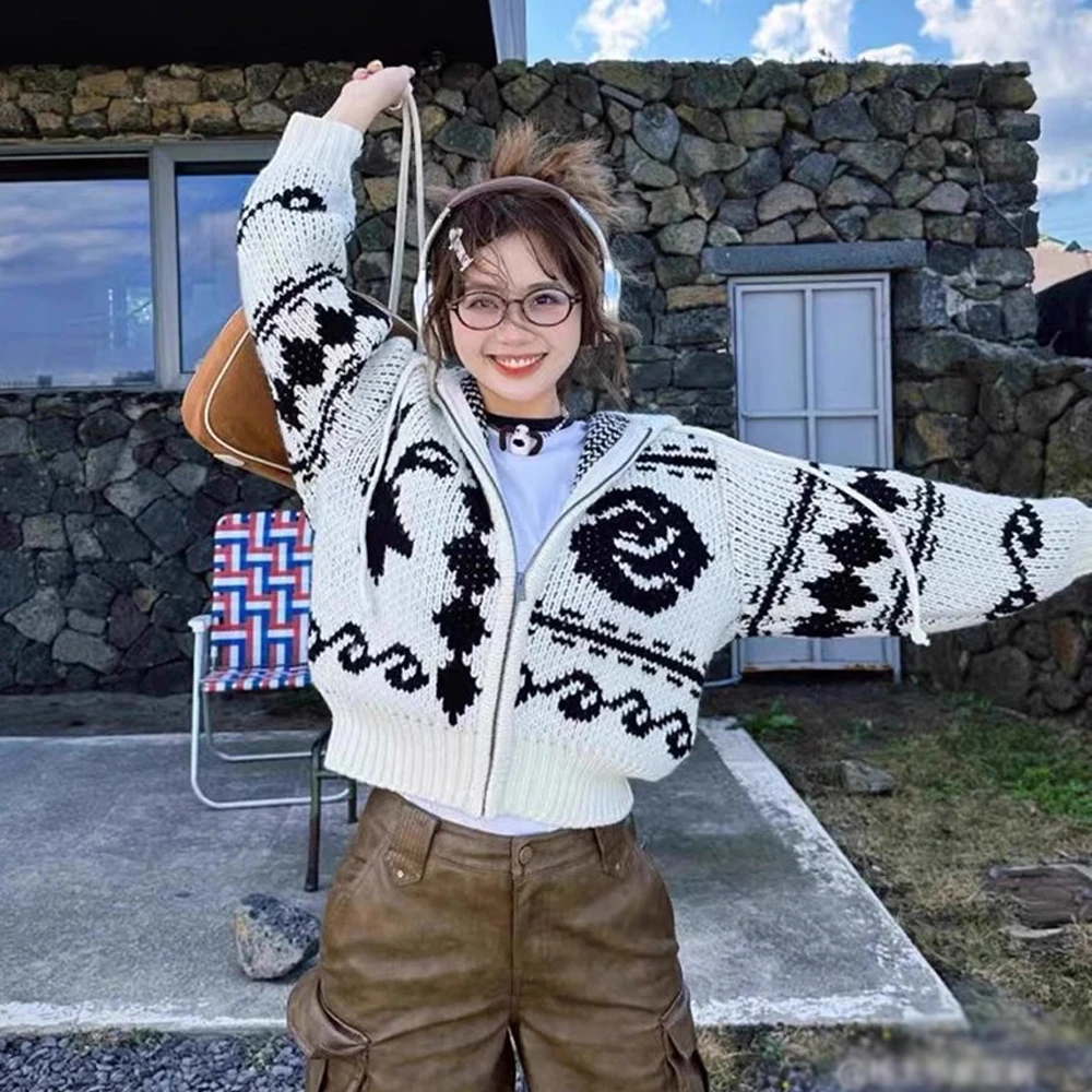 慵懒风软糯拉链针织开衫冬季费尔岛时尚韩版复古宽松毛衣女外套