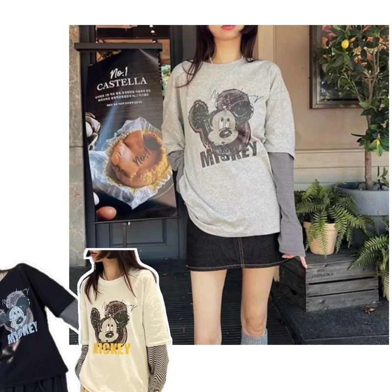 【老鼠假两件】Y韩单CHOI假两件条纹袖长袖打底衫宽松显瘦设计款