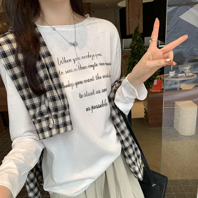 欧货宽松字母印花内搭打底衫女2025春秋爆款高级感百搭长袖T恤潮