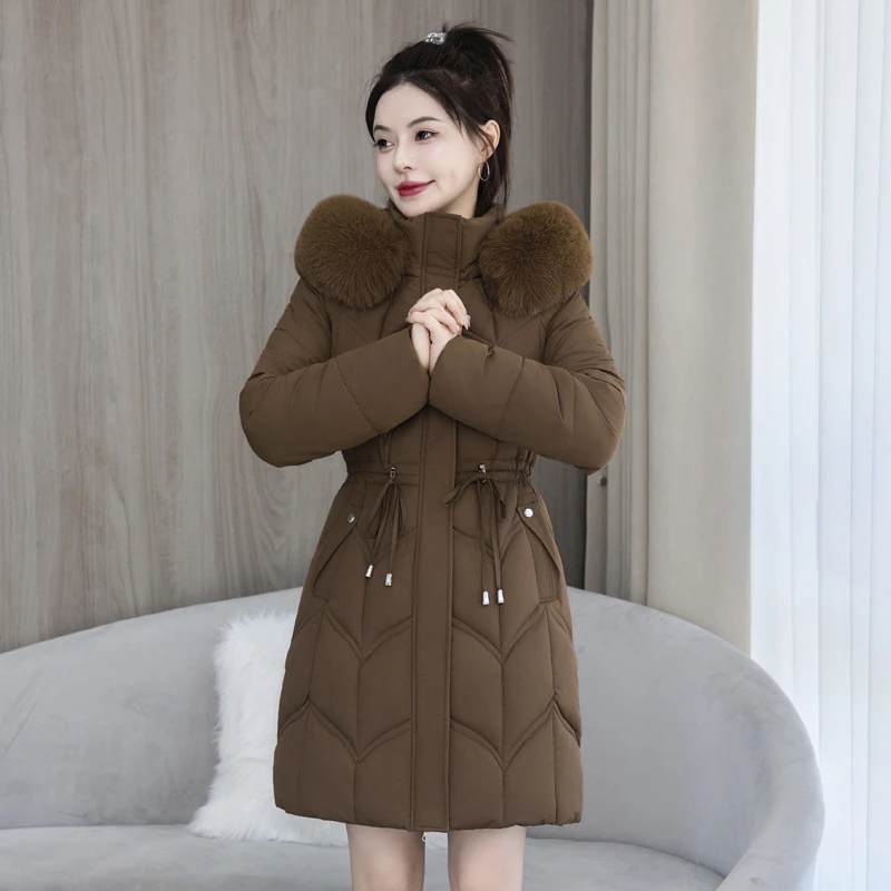 保暖时尚冬季棉服女中长款韩版收腰加厚棉袄新款棉衣外套大毛领潮