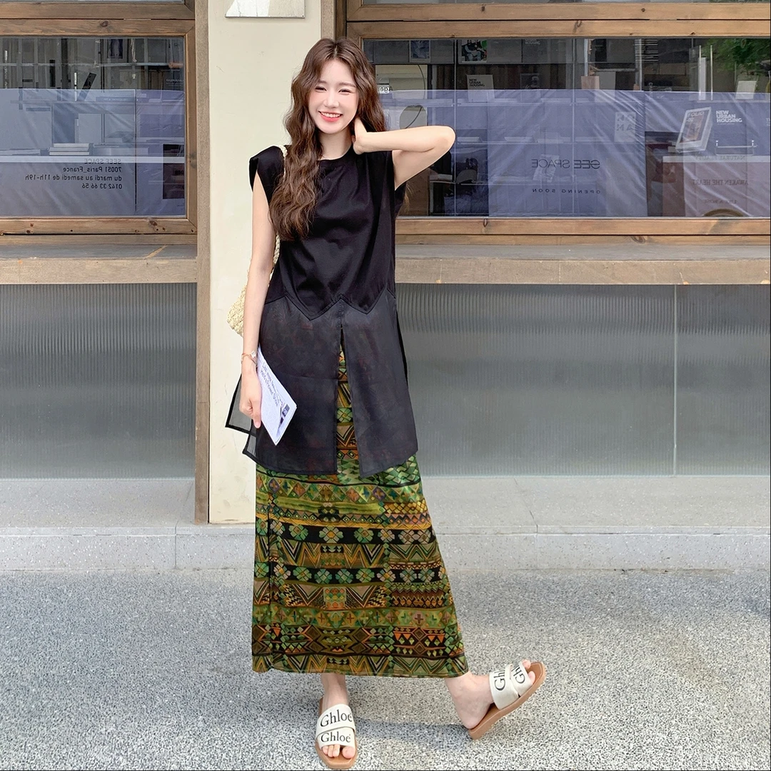 法式休闲气质背心印花半身裙套装女2025夏新款绝美ootd穿搭两件套