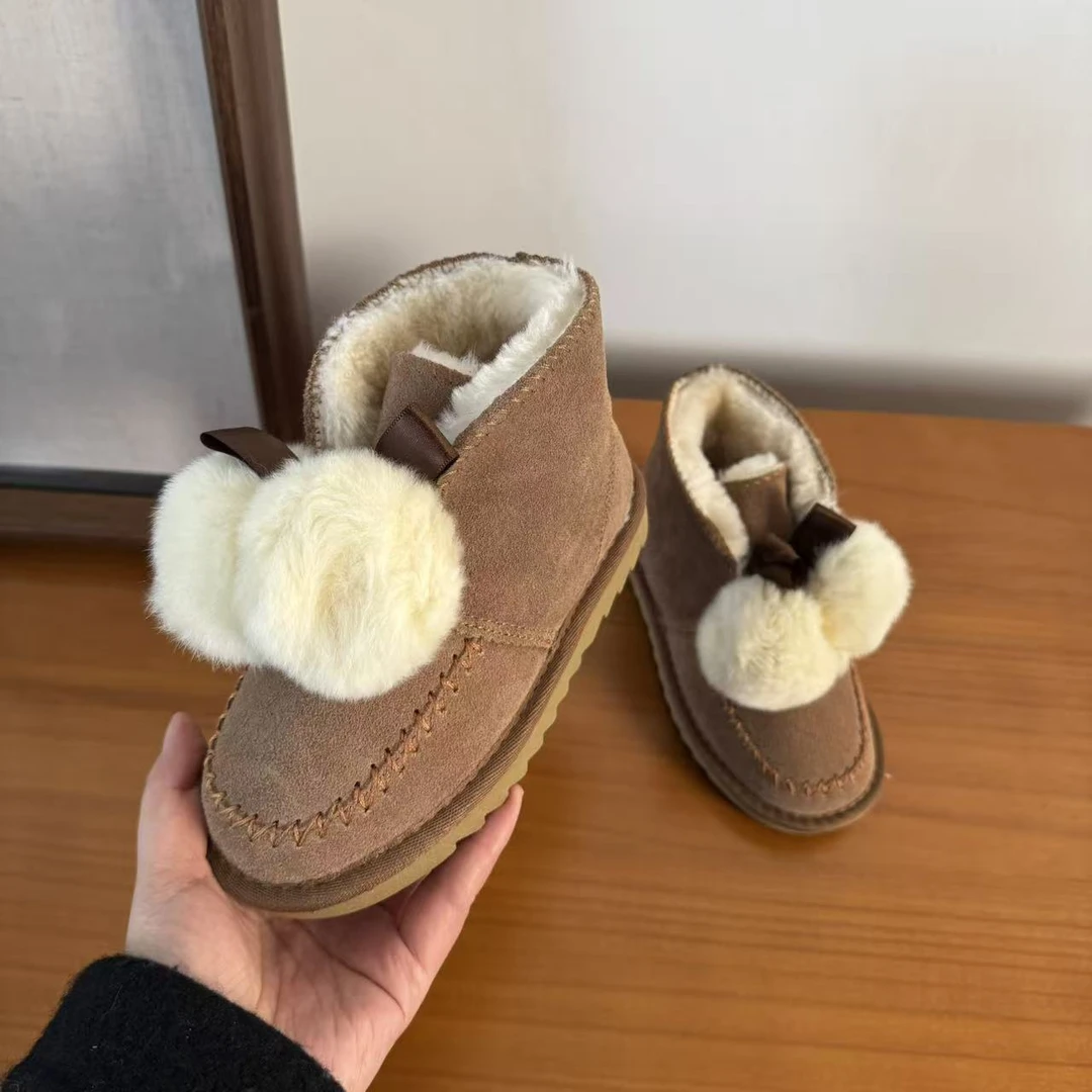 【儿童~雪地靴】双球獭兔毛真皮平底舒适一脚蹬雪地靴tzsmq