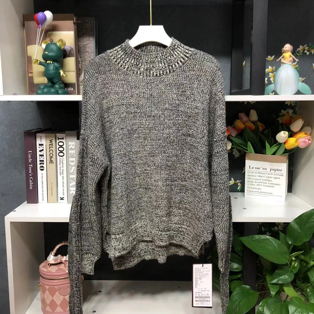 B2055【春季新款】时尚圆领黑灰色简约袖口飘带设计百搭上衣