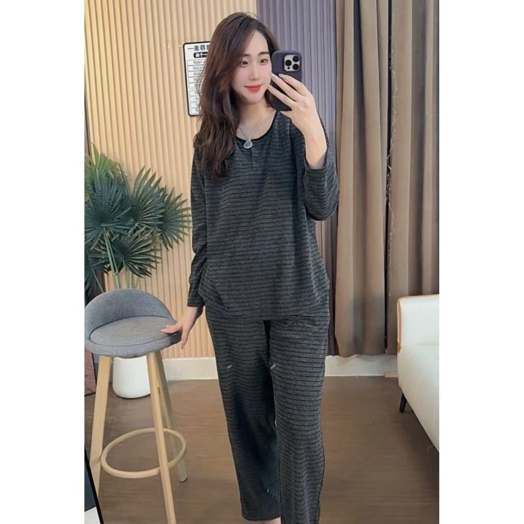 胸垫版睡衣女冬季新款羊绒长袖长裤可外穿家居服套装（韩版风条纹）