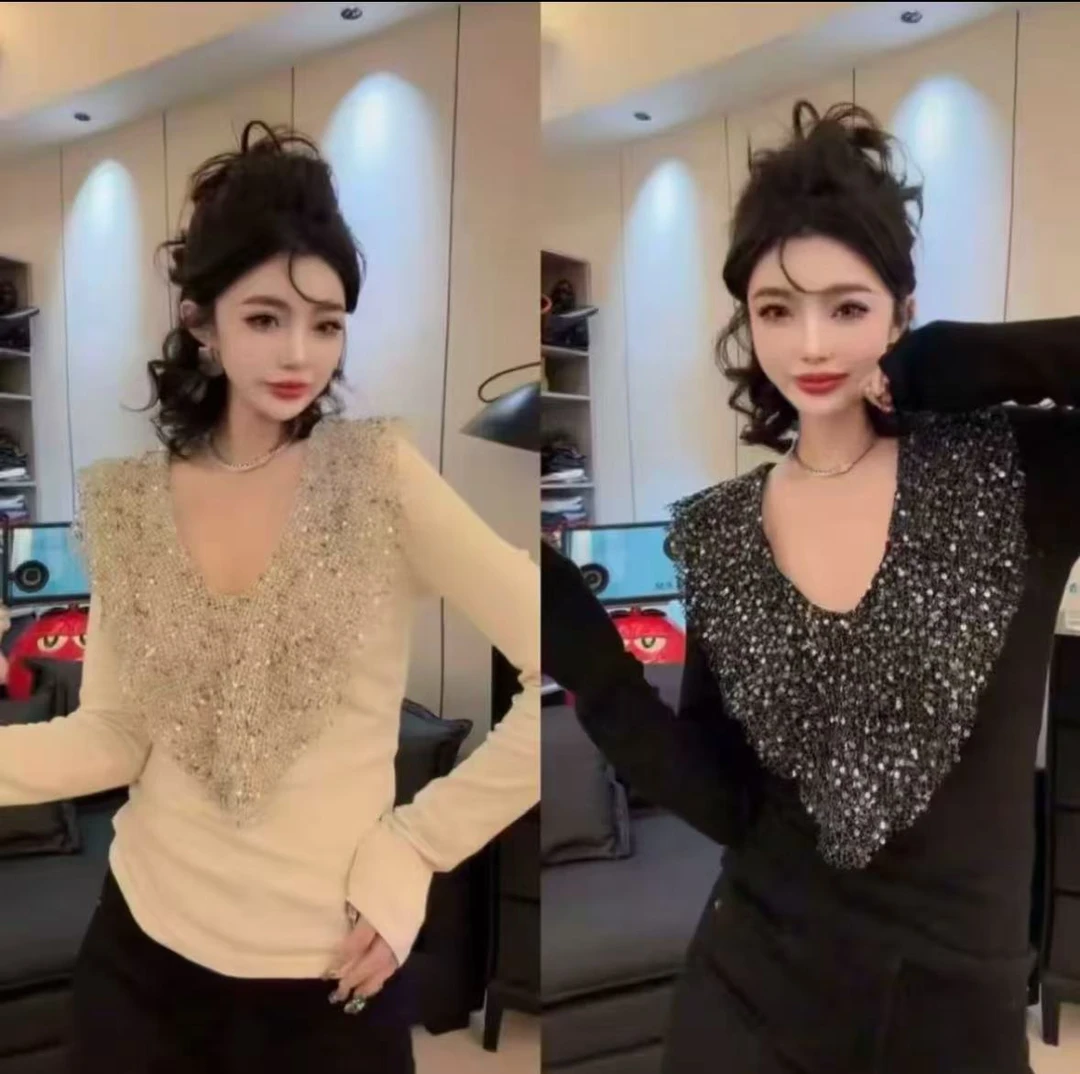 2025秋季新款法式重工精致亮片荷叶边V领修身显瘦上衣长袖T恤女