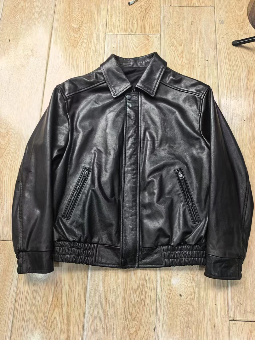 谭之造新款头层牦牛皮翻领真皮皮衣黑色复古拉夫同款休闲百搭经典