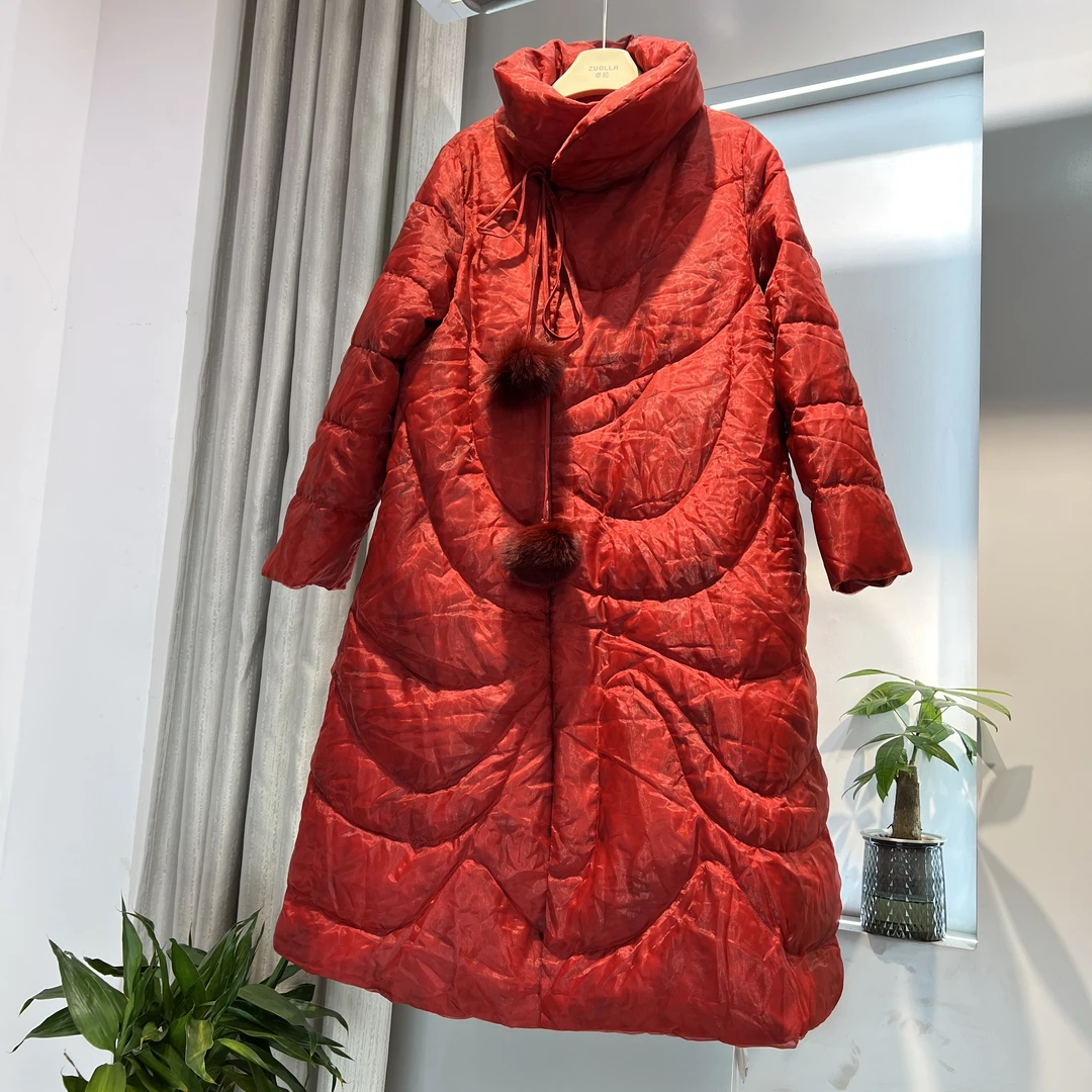 2025时尚欧根纱90白鸭绒长款妈妈羽绒服