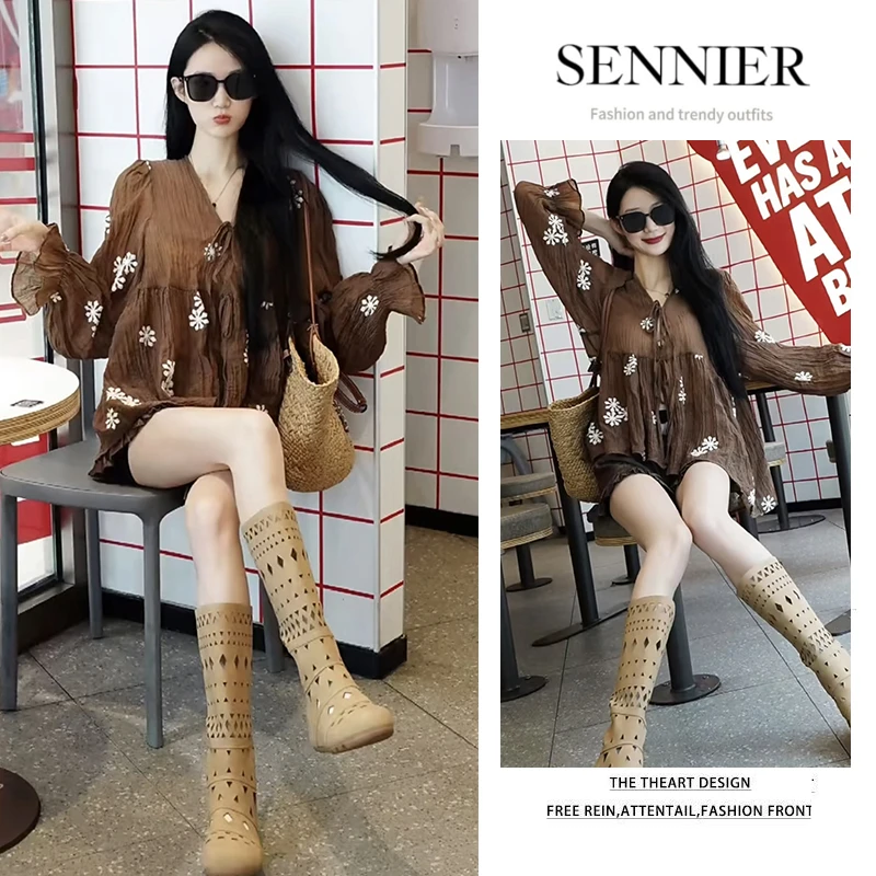 时尚穿搭2025夏季新款复古时尚系带宽松印花衬衫木耳边短裤两件套