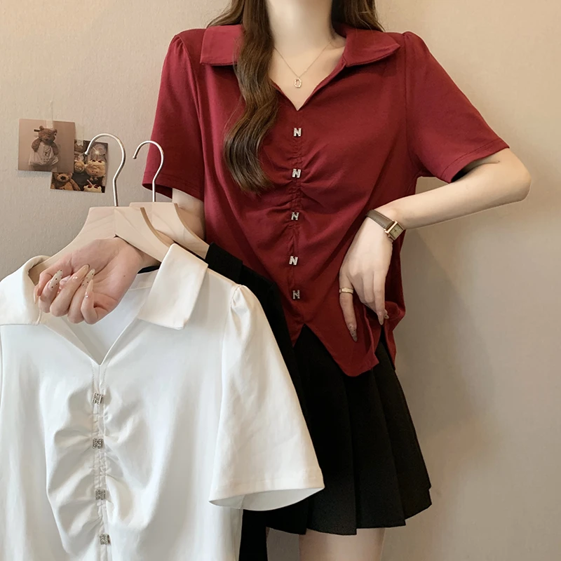 2025夏装新款胖mm大码时尚设计感V领显瘦遮肉短袖上衣A0101