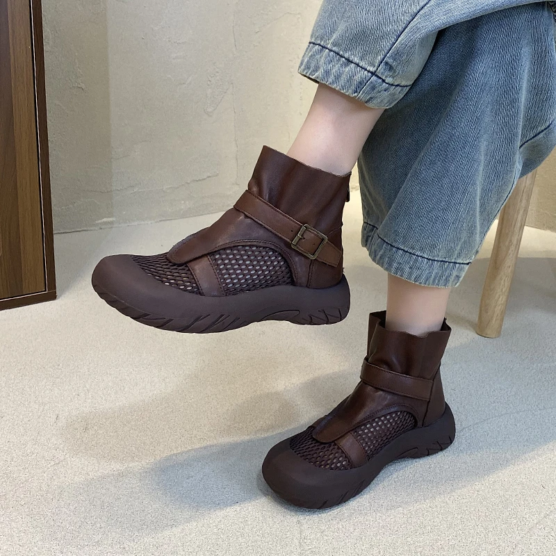 高帮罗马凉鞋女夏季薄款真皮复古百搭镂空透气厚底凉靴T6623-16