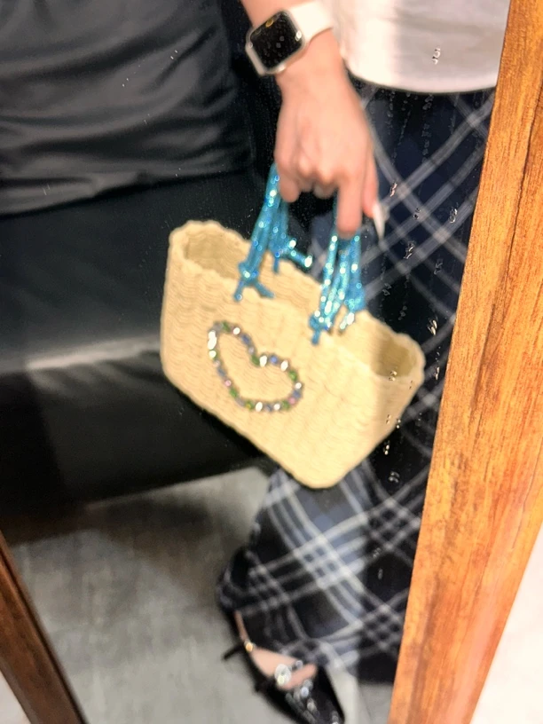 纯草编！手工包包钻石手提桃心彩钻洋气肩包文艺日系御姐风