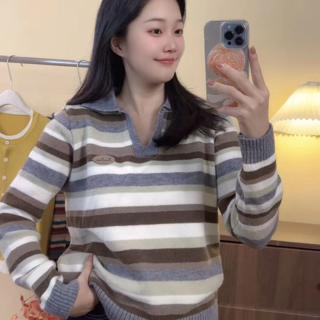 【暮色森林】条纹上衣女翻领毛衣秋冬新款女装冬季保暖Y0138绿条