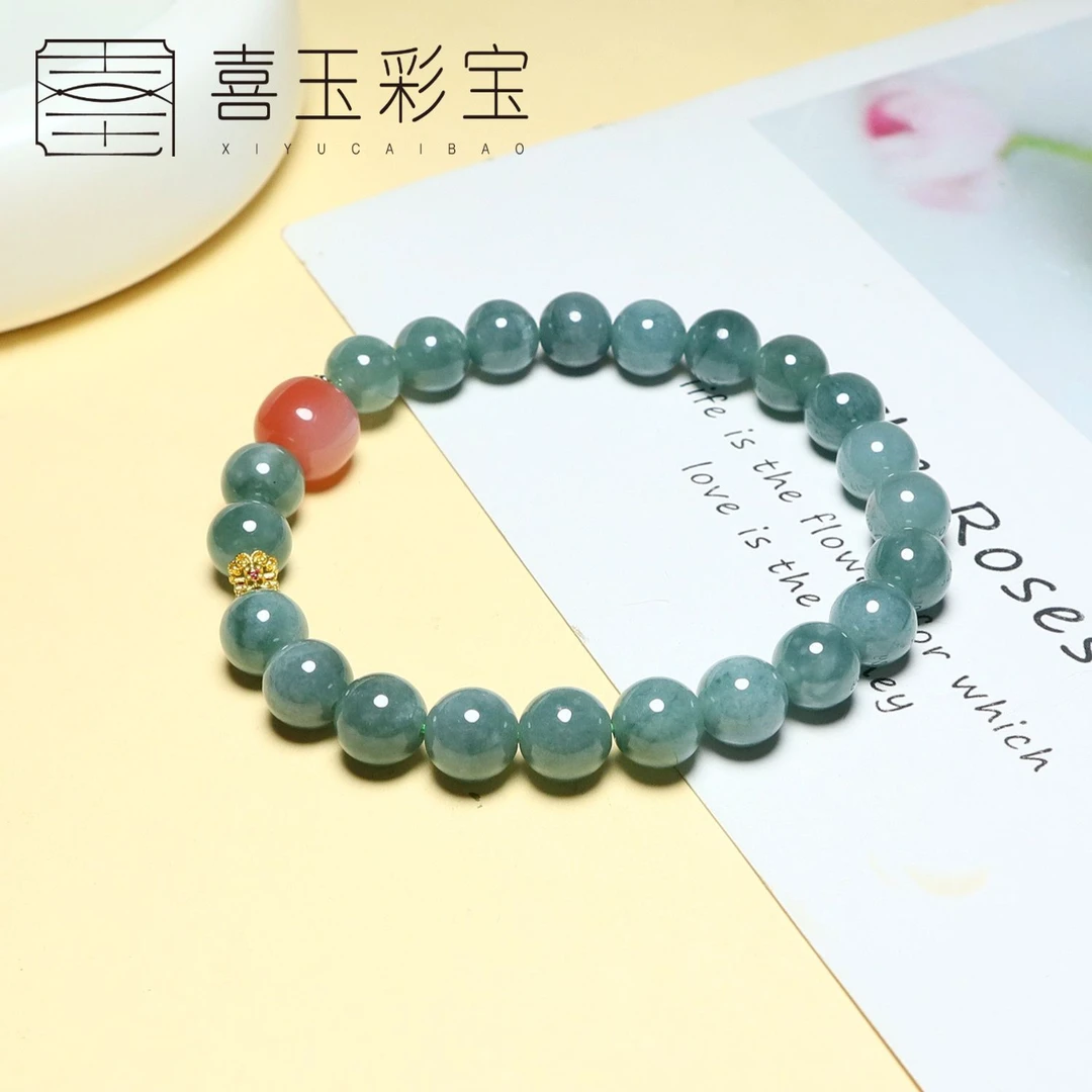 天然8mm蓝水翡翠手串搭配天然玛瑙珠配饰单圈手链1623