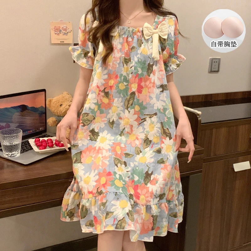 高颜值公主风睡裙女士夏季短袖薄款洋气网红爆款可外穿睡衣带胸垫