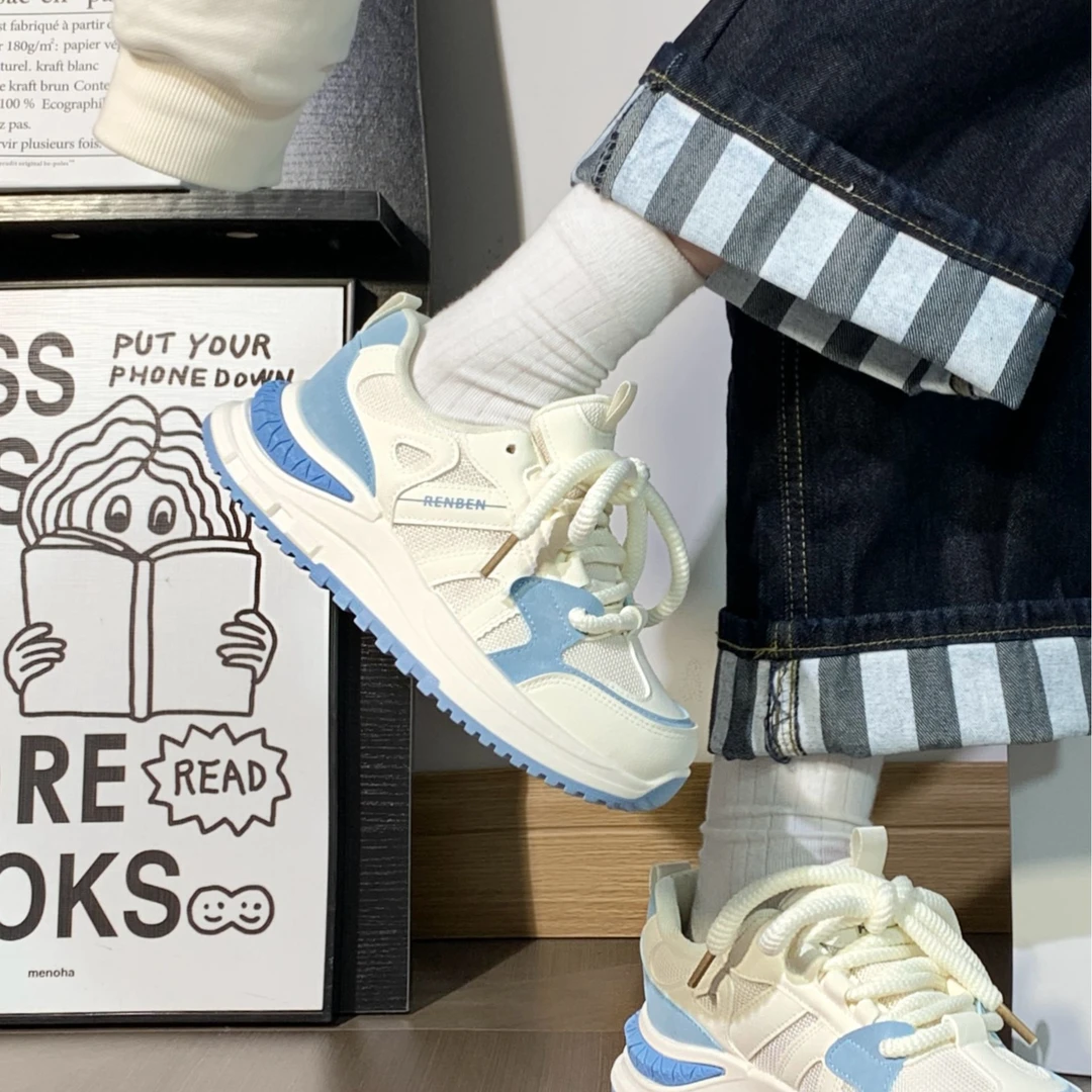 人本休闲鞋女2025新款网面透气薄款运动鞋厚底港风潮流时尚老爹鞋