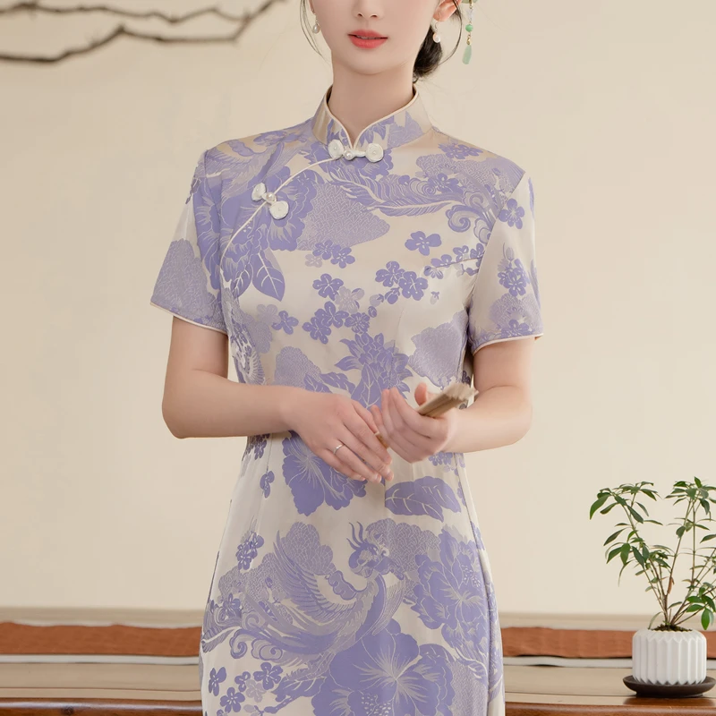 高端新中式旗袍绝美民国风夏季2025新款老上海日常可穿晚礼服紫色