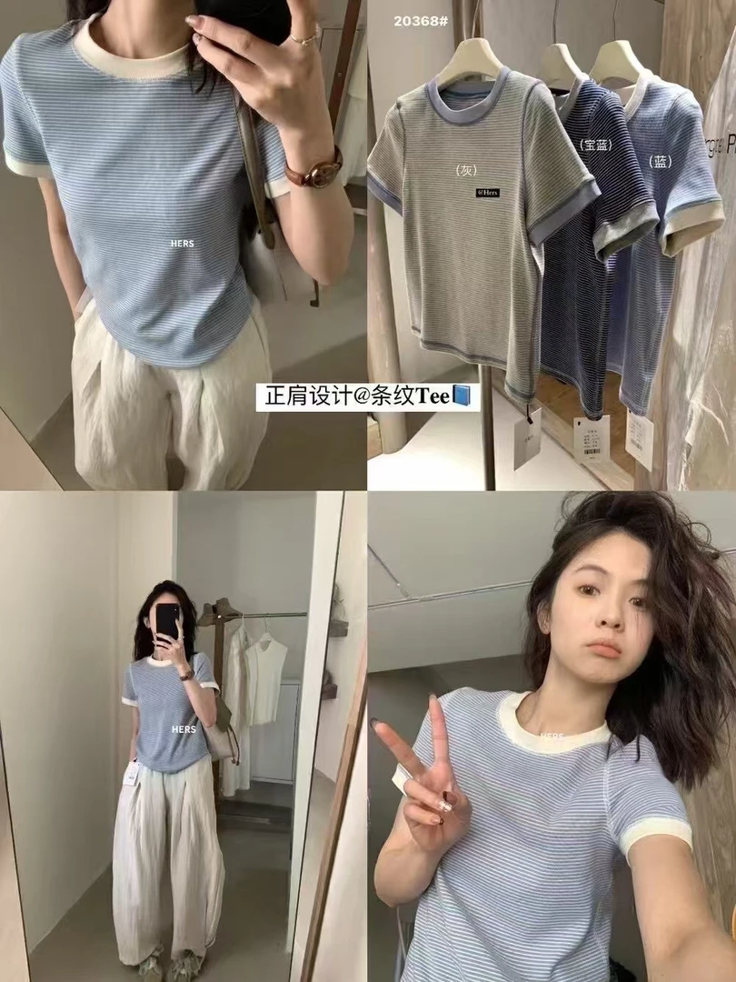 夏季撞色条纹短袖女高弹复古牙签条纹棉圆领薄款T恤柔软修身打底