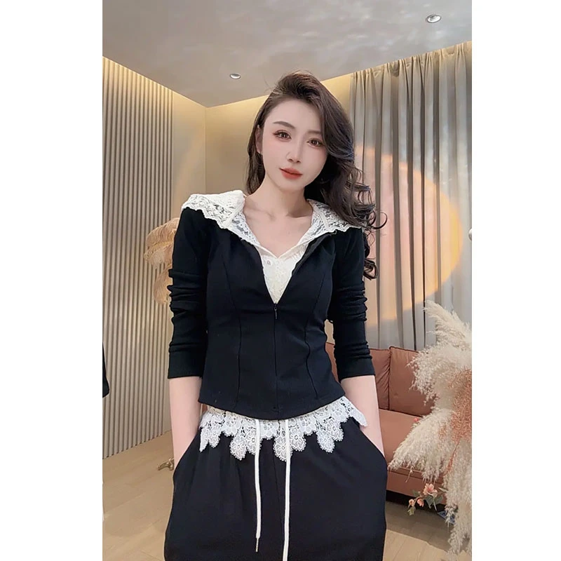 假两件蕾丝拼接连帽长袖上衣女春夏新款高腰休闲裤两件套装212#