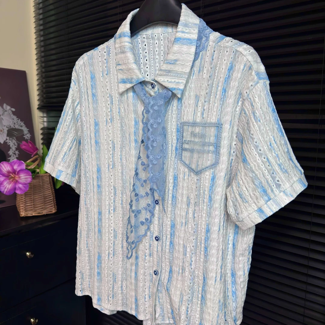 夏季蓝色休闲潮流繁花清新甜美短袖衬衫宽松女上衣DP7417